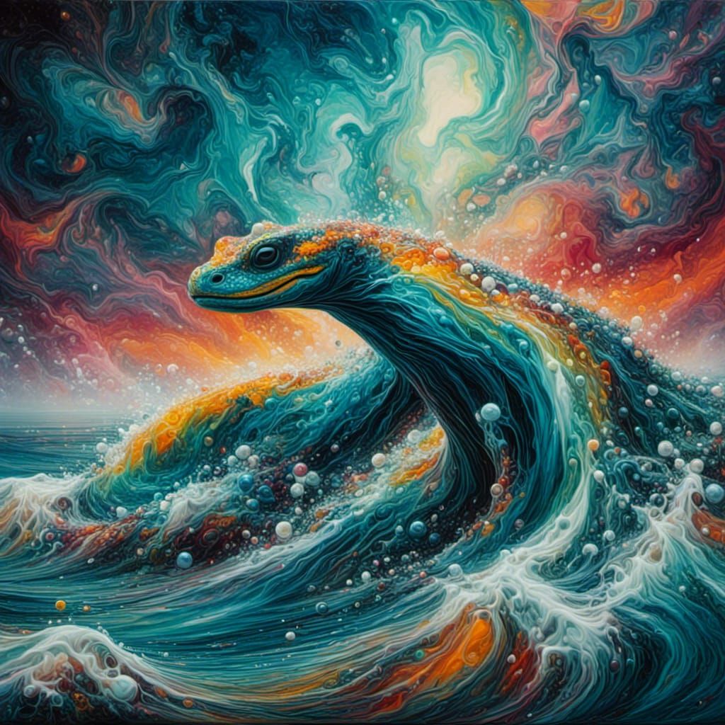 Surreal Ogopogo Emerges from Shimmering Lake