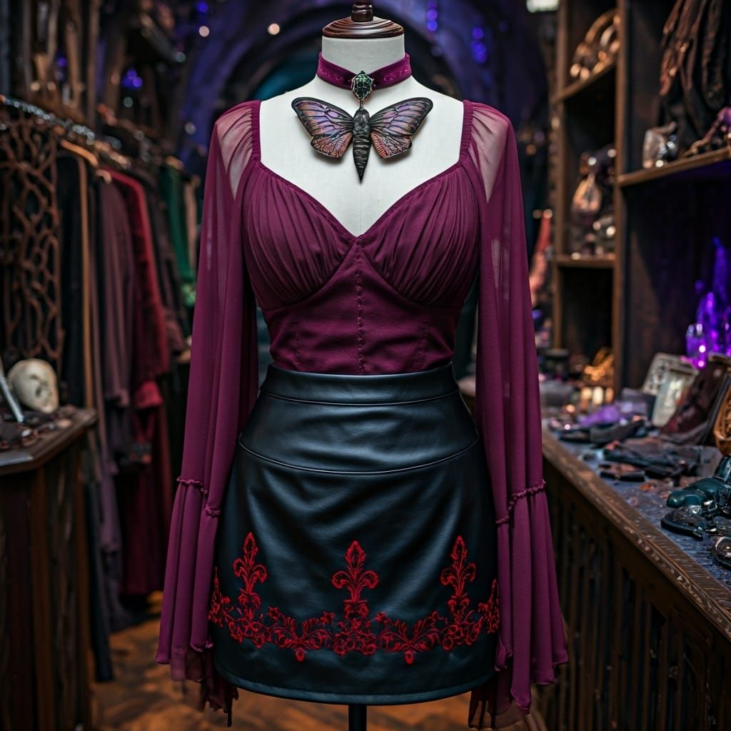 Fantasy Drow Costume with Ruby Embroidery and Moth Wings