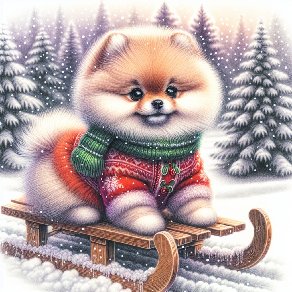 Pomeranian Dog in Winter Clothes, Colored Pencil Drawing