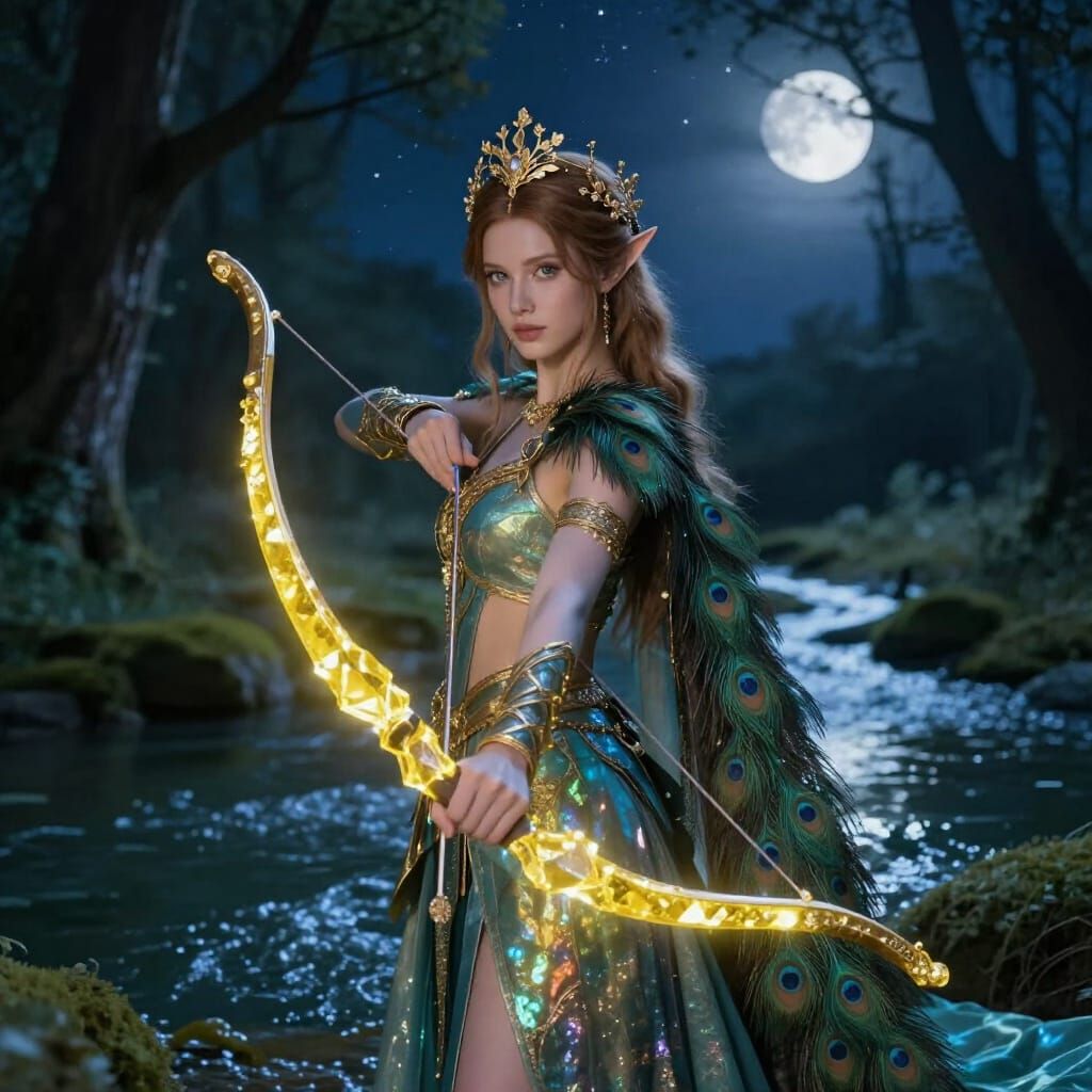 Elven Warrior with Crystal Bow in Starry Night Forest
