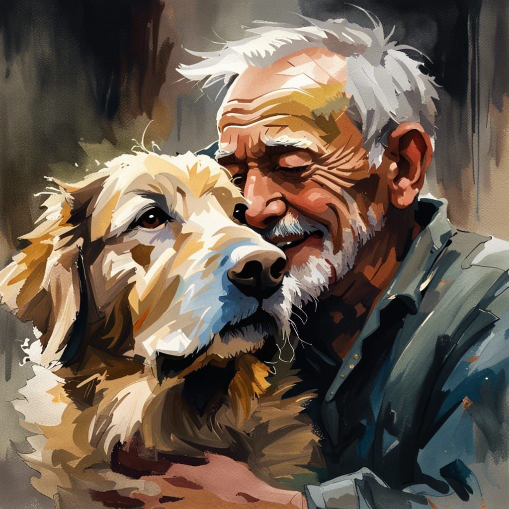 Heartwarming Portrait of Old Man Hugging Dog
