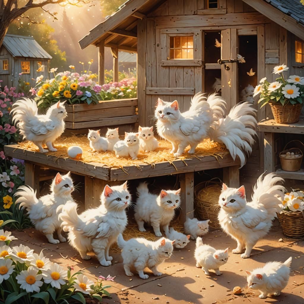 Whimsical Chickens and Fluffy Kittens in Sunny Cozy Haven