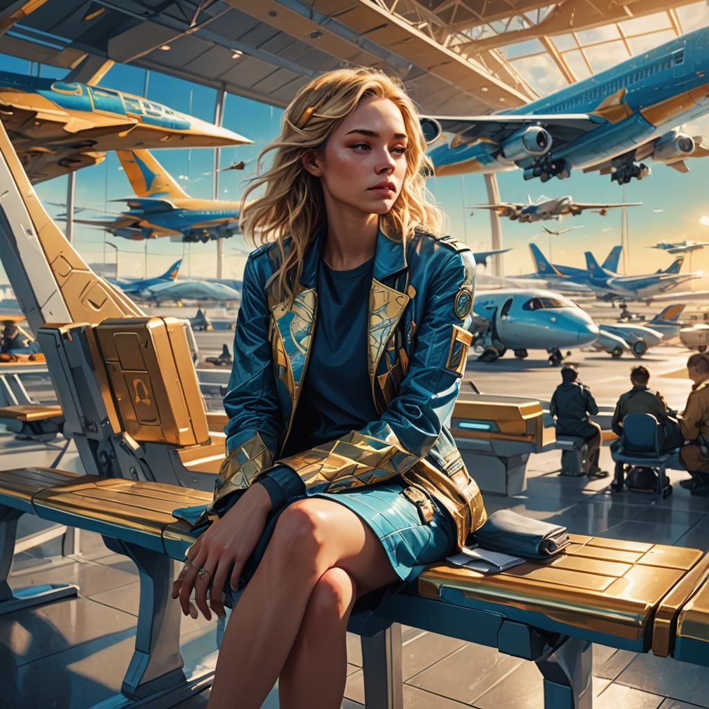 Sleepy Person in Futuristic Airport: Fantasy Art
