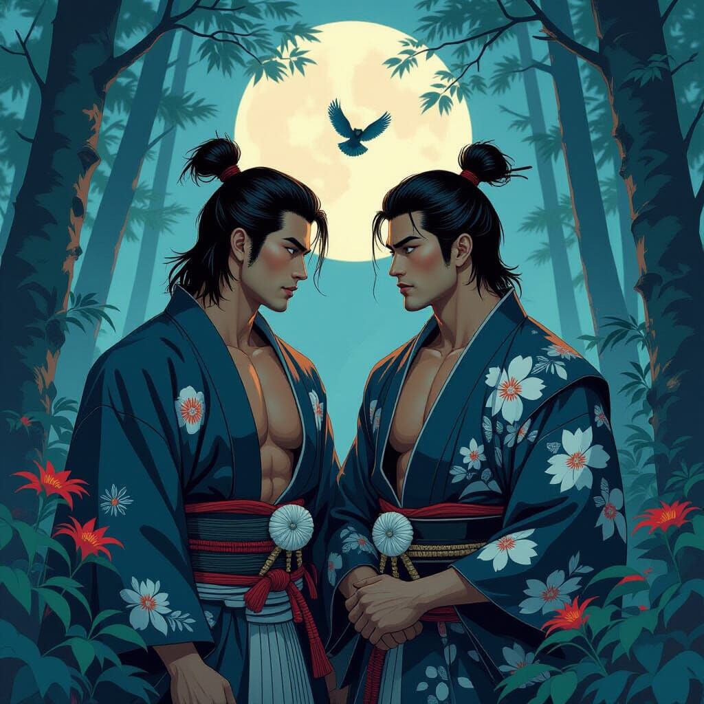 Gay Men in Ukiyo-e Forest Landscape