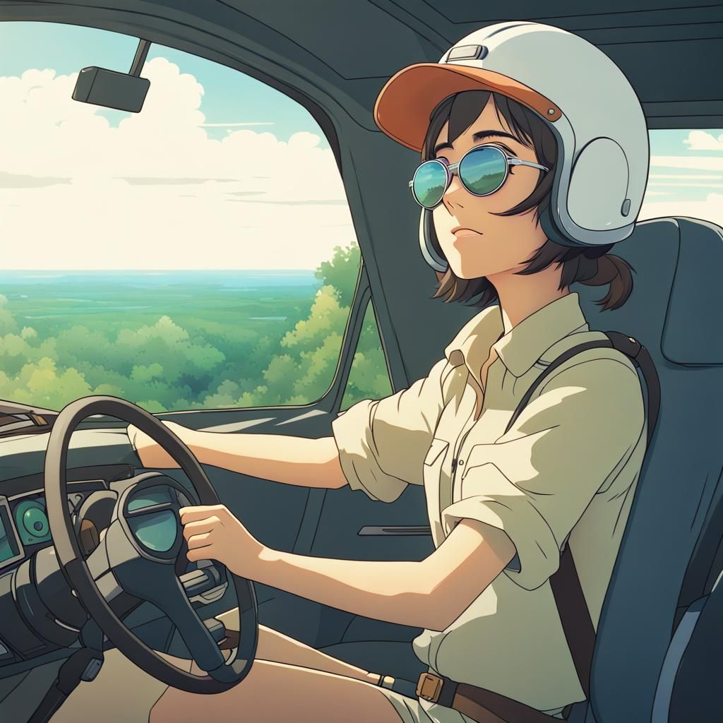 Geologist Girl Driving, in Studio Ghibli Style