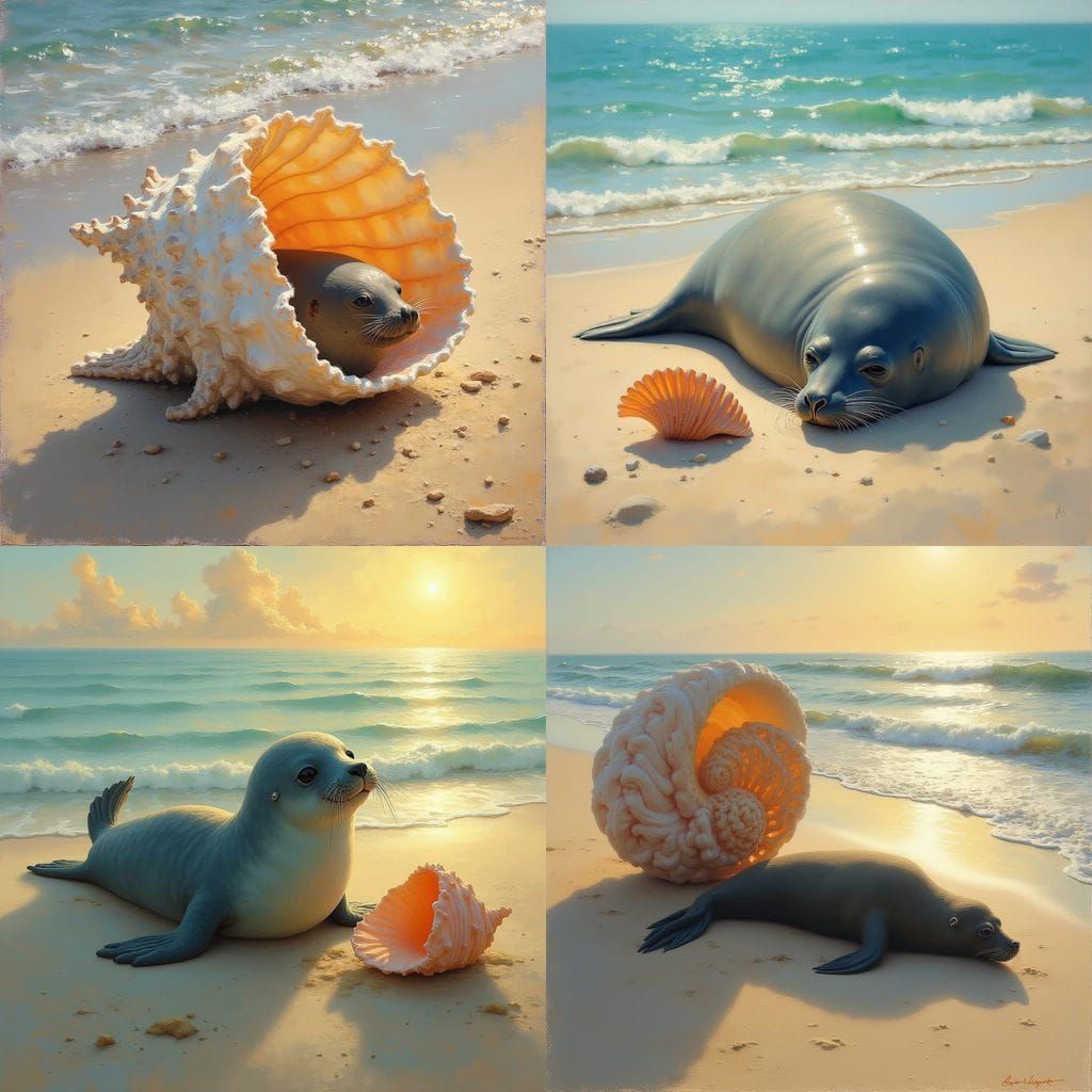 Seashell and Seal on Beach, Oil Painting