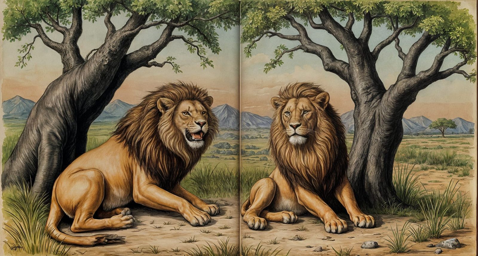 Savanna Lions in Watercolor, Illustrated Book Style