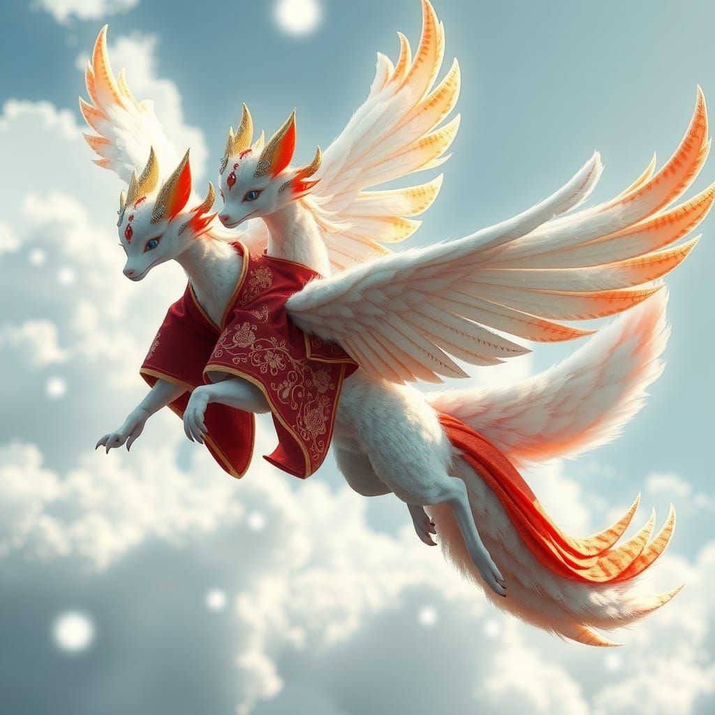 Kitsune-Harpy Hybrid Soaring in Digital Art Style