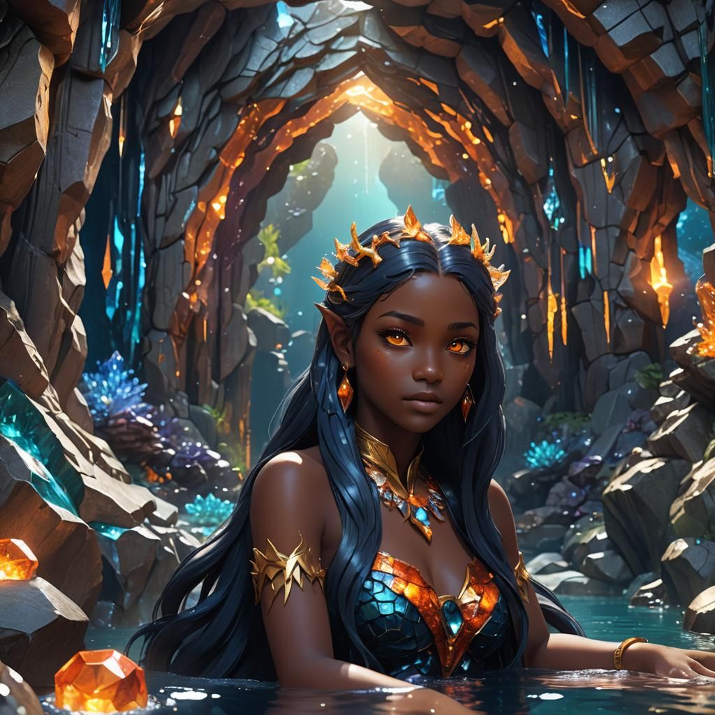 Androgynous Siren in Crystal Cave: 3D Anime Art