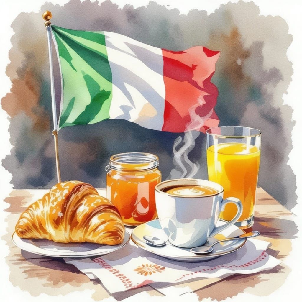 Watercolor Italian Breakfast with Flag and Brioche