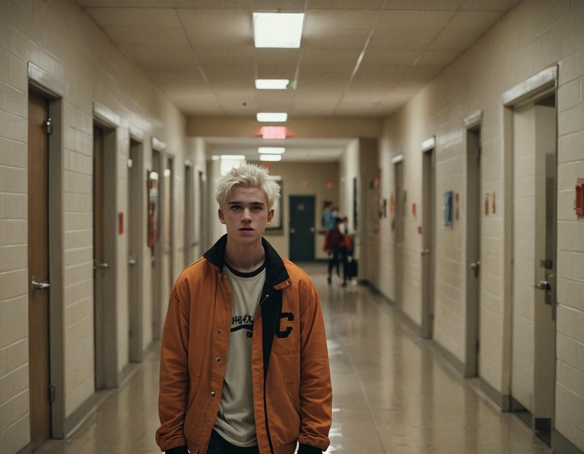 Anime Style Teenager in High School Hallway