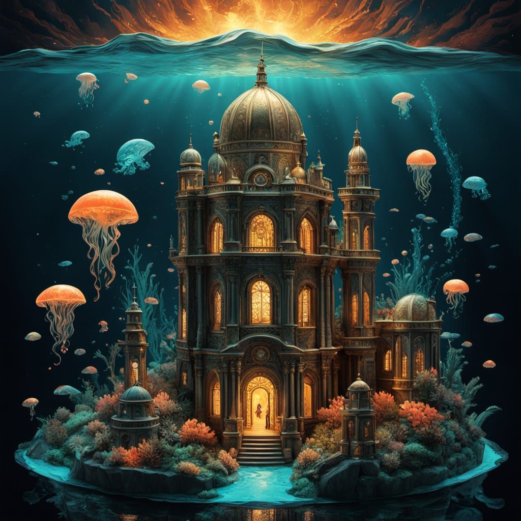 Miniature Golden City in a Bottle, Surreal Art Deco Design