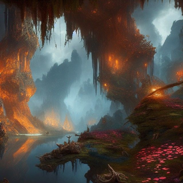 Bioluminescent Cave: Detailed Matte Painting in Deep Color