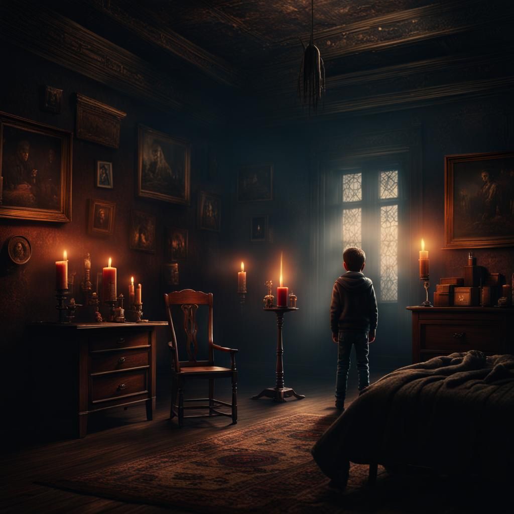 Boy Alone in Candlelit Horror Room