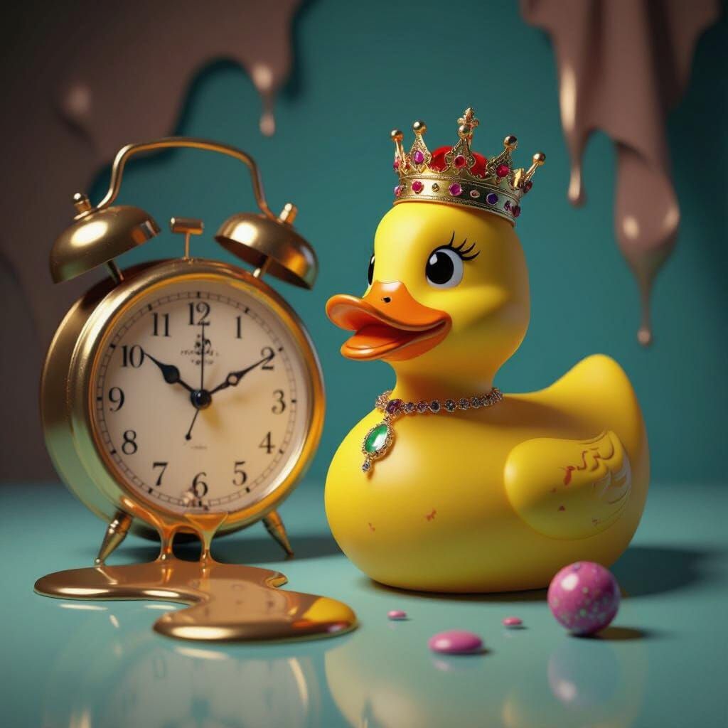 Surreal Vintage Scene: Rubber Duck with Golden Crown