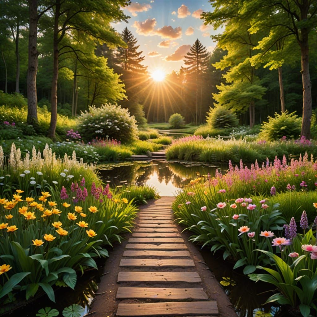 Forest Path Pond at Sunset with Heavenly Beams