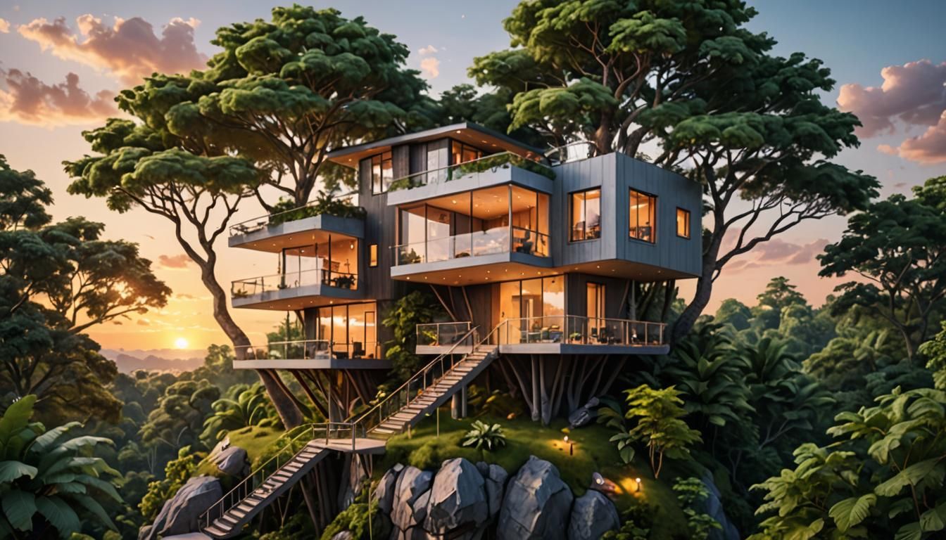 Modern Villa Treehouse at Sunset: Hyper-Realistic Architectu...