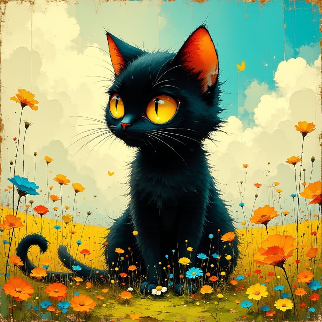 Whimsical Black Cat in a Wildflower Meadow