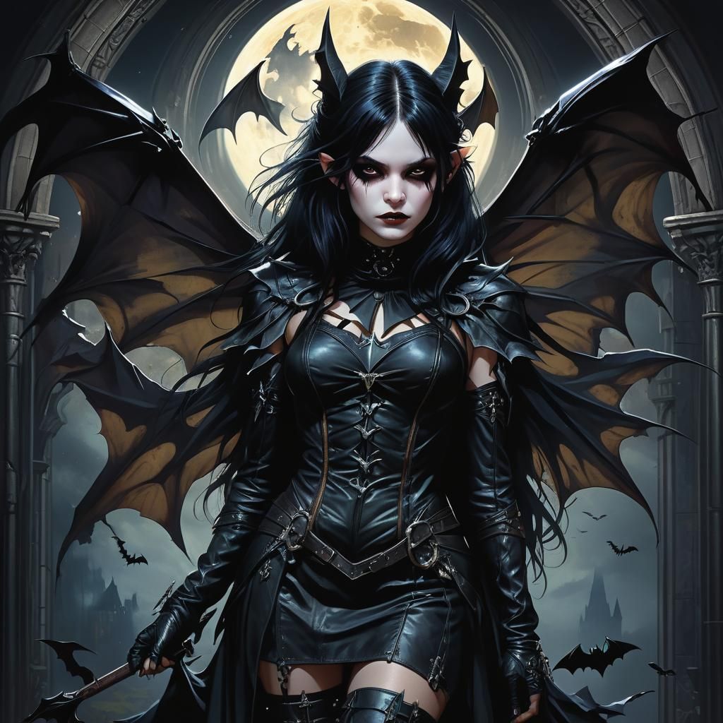 Gothic Fairy Portrait with Bat, Digital Art