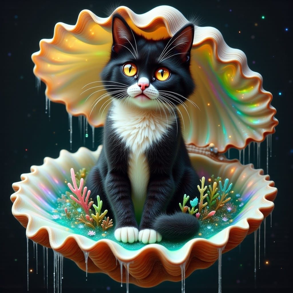 Tuxedo Cat Emerges from Mystical Seashell