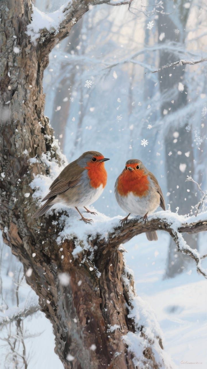 Two Robins in Detailed Snowy Woodland Scene