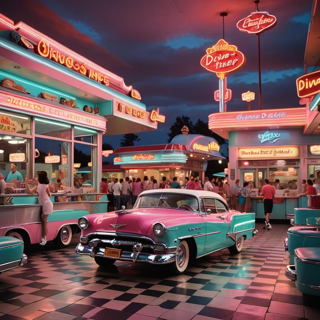 1950s Diner with Neon Lights and Carhop