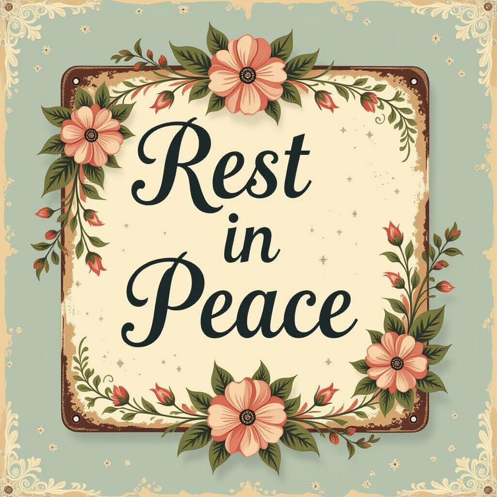 Vintage 'Rest in Peace' Sign with Faded Flowers