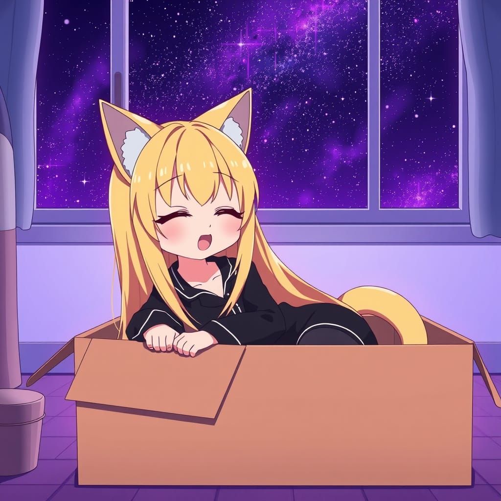 Synthwave Anime Catgirl Sleeping in Cardboard Box