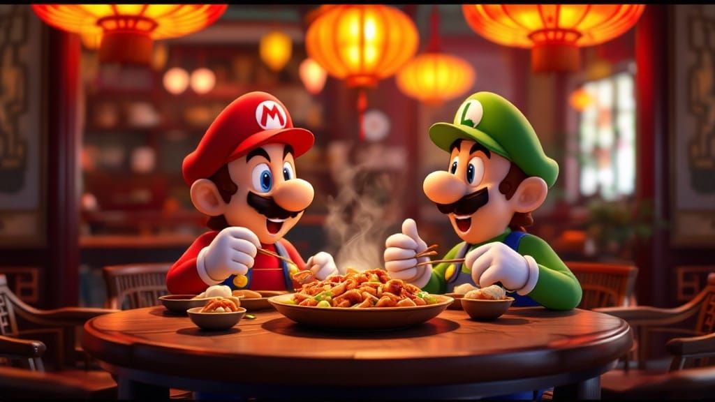 mario and luigi eating in a chinese restaurant and they like...