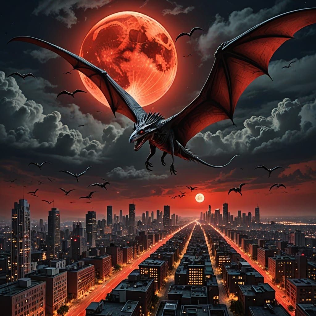 Giant Pterosaur Over Apocalyptic City Under Blood Moon