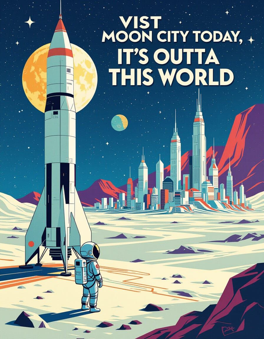 Astronaut Beside Rocket in Futuristic Moon City