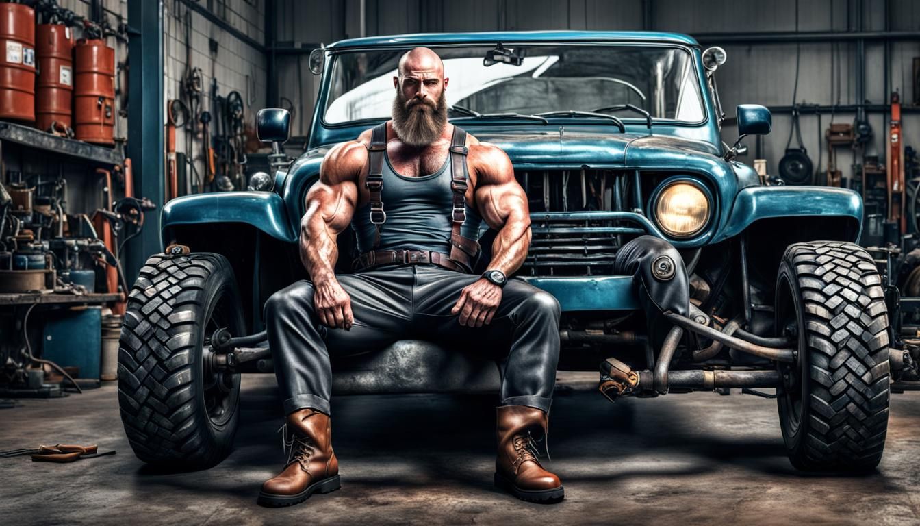 Hyperrealistic Car Mechanic with Leather Harness and Beard