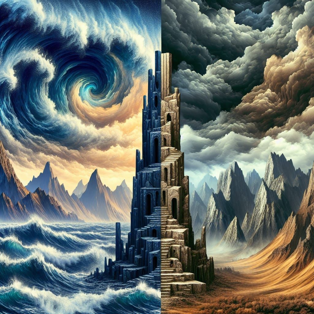 Fantasy Landscape with Tower Between Sea and Mountains