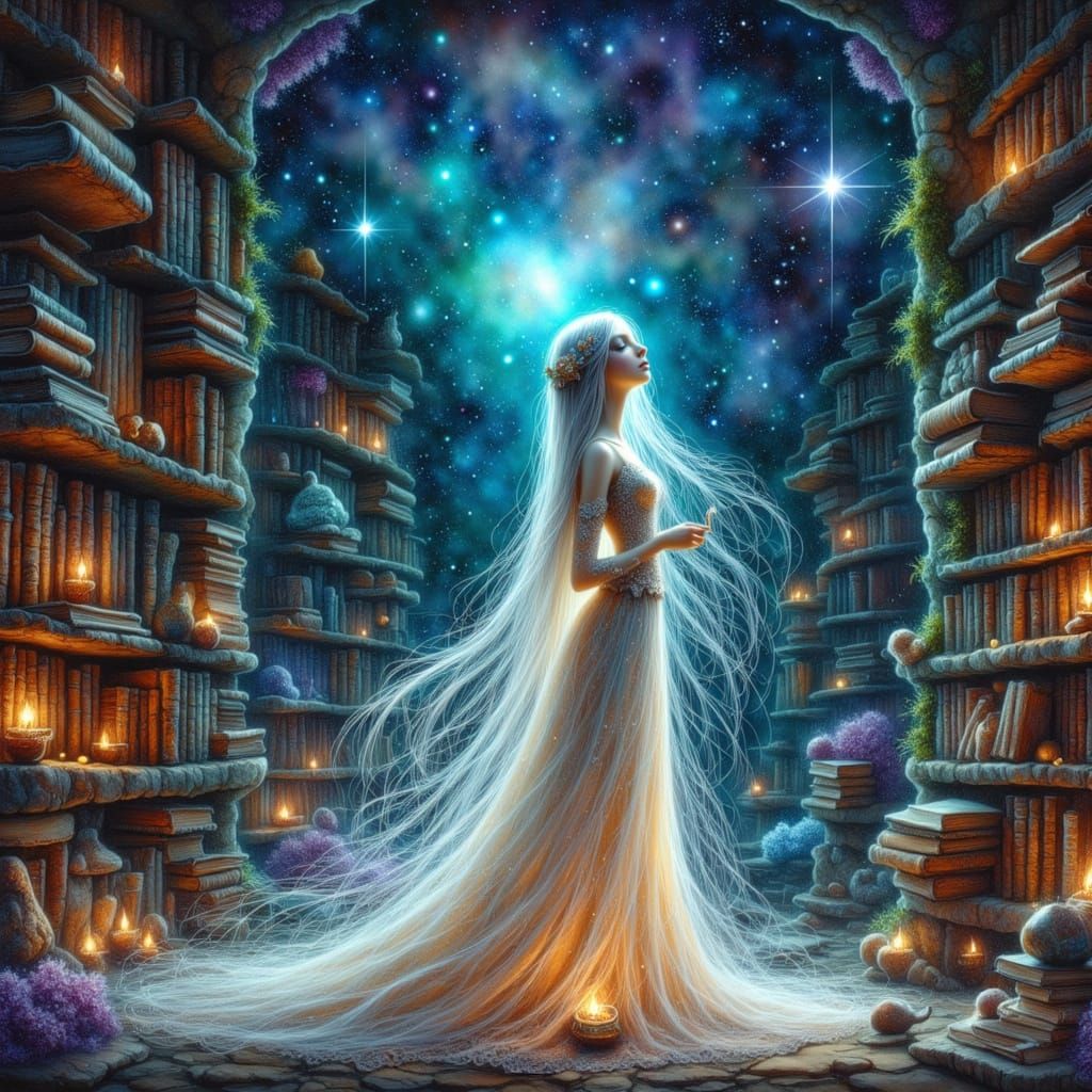 Celestial Librarian in Nebula Library, Art Nouveau Style