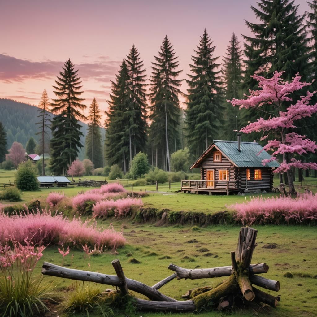 Pastoral Green Landscape with Pink Sky and Log House
