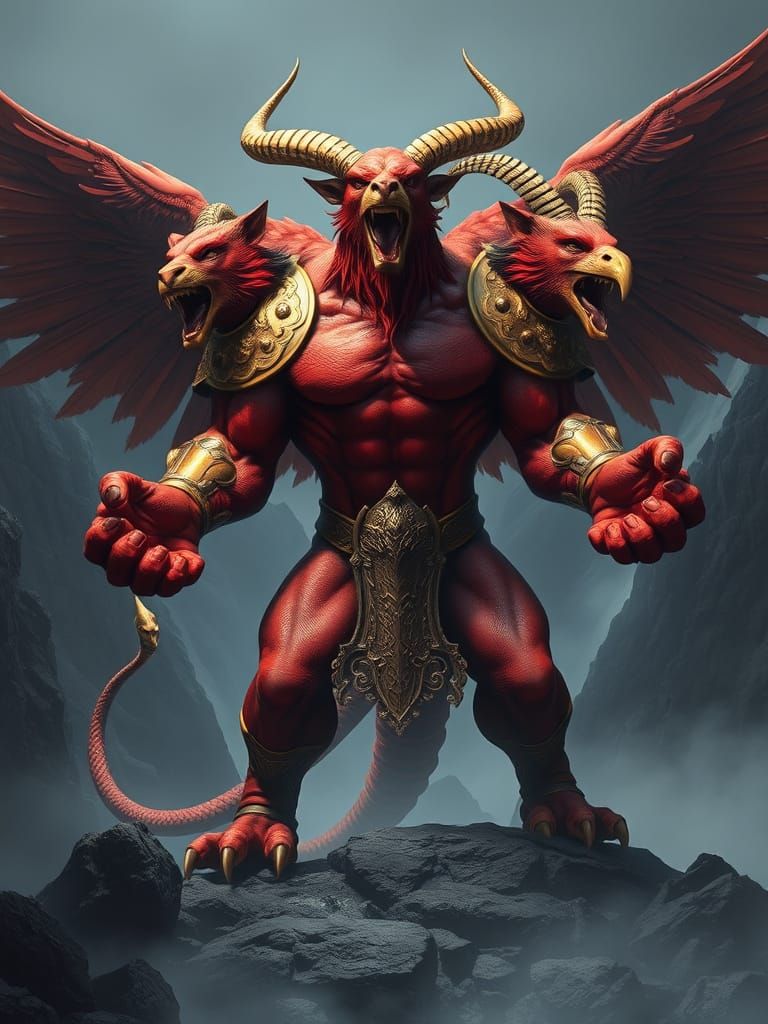 Mighty Red Chimera God Stands Dominant in Rocky Landscape