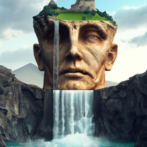 Surreal Landscape: Giant Head Statue with Castle