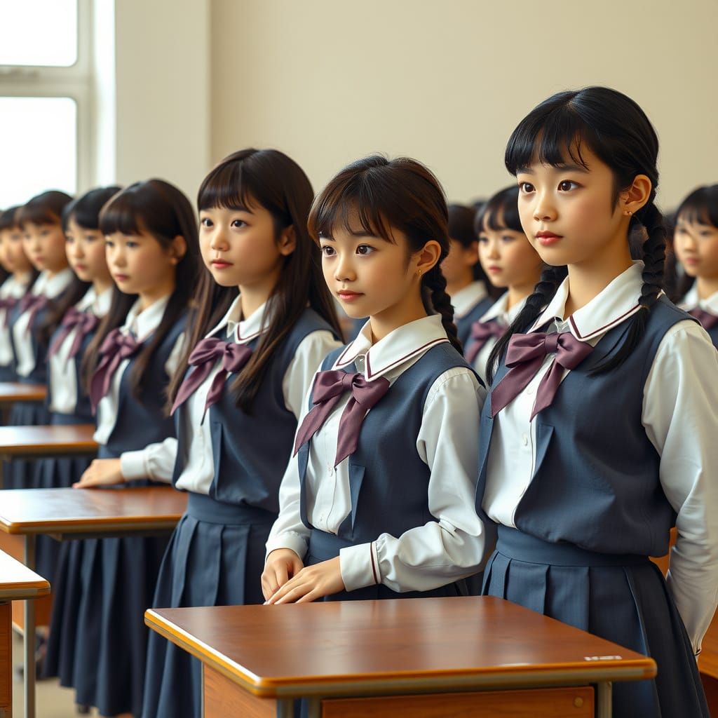 Schoolgirls in Uniforms Pose with Perfect Attentiveness
