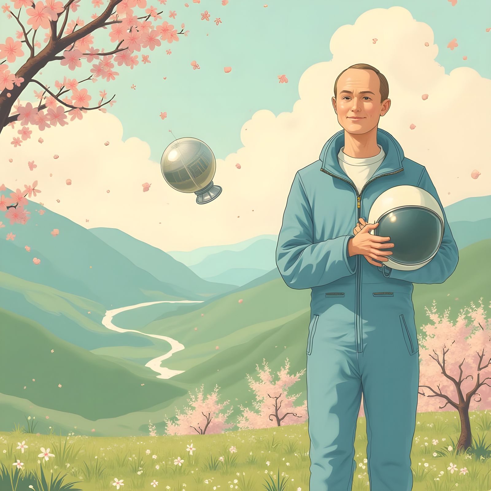 Auroral Encounter: Soft-Smiling Cosmonaut Surrounded by Cher...