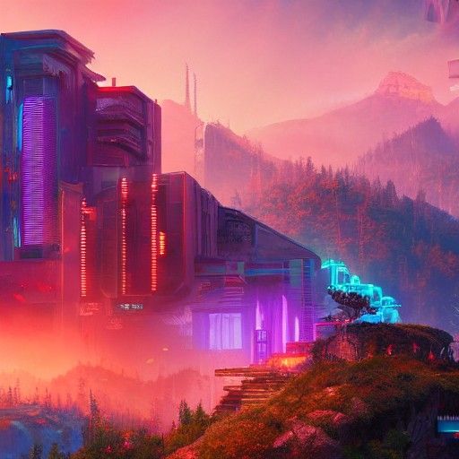 Cyberpunk City Mansion with Waterfall, Hyperdetailed Neon Ar...