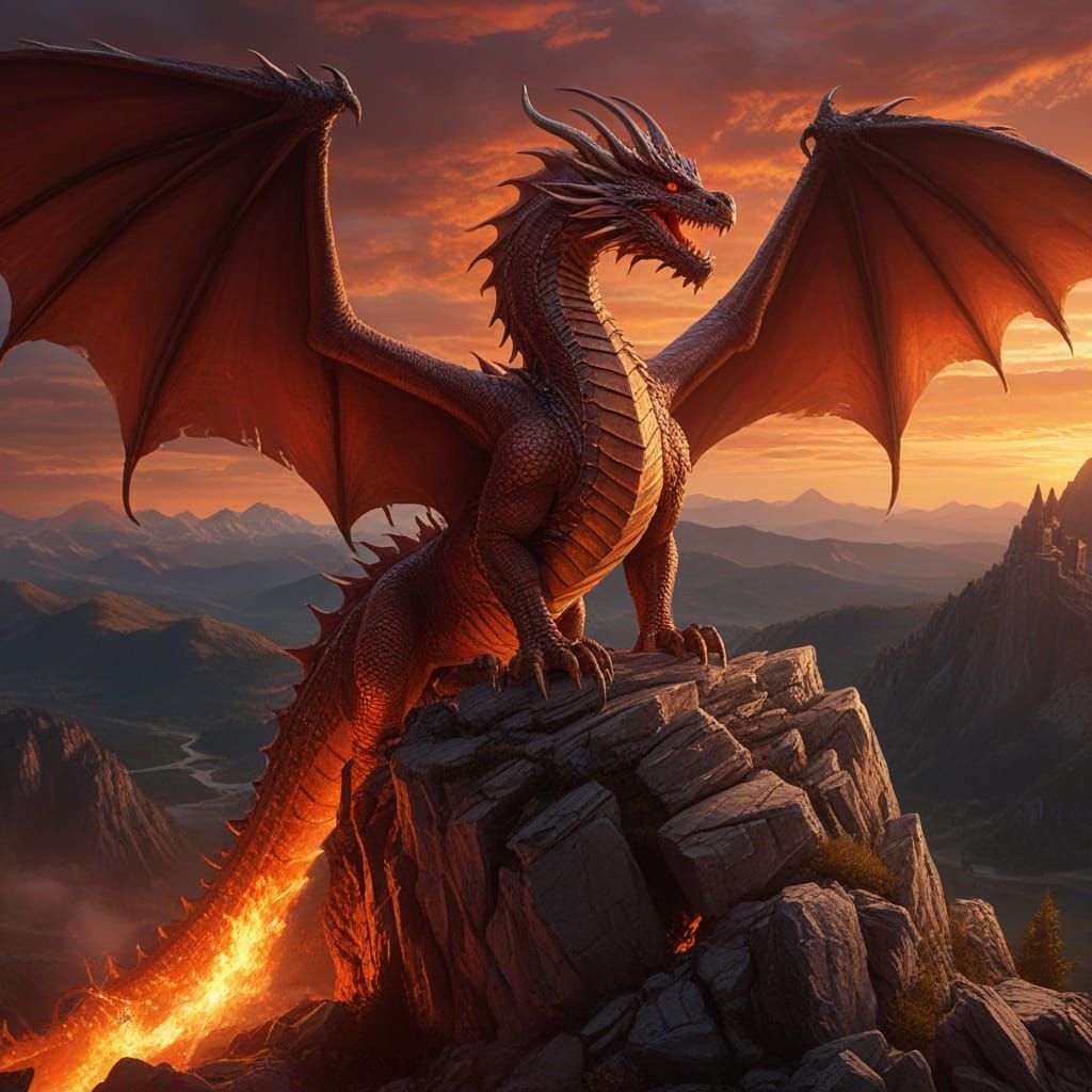 Fearsome Dragon Over Burning Village