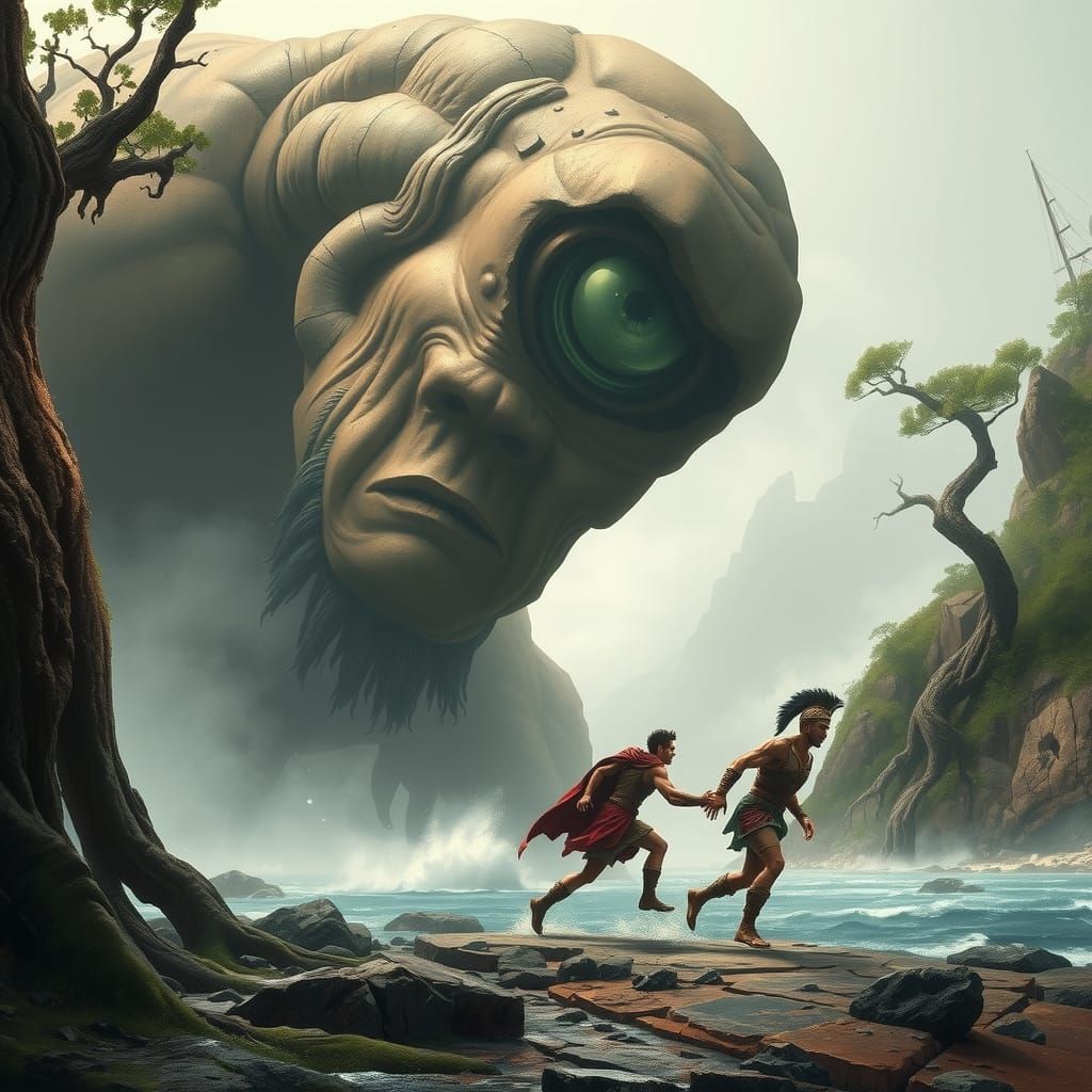 Cyclops Pursues Ulysses on Misty Island, Mythological Scene