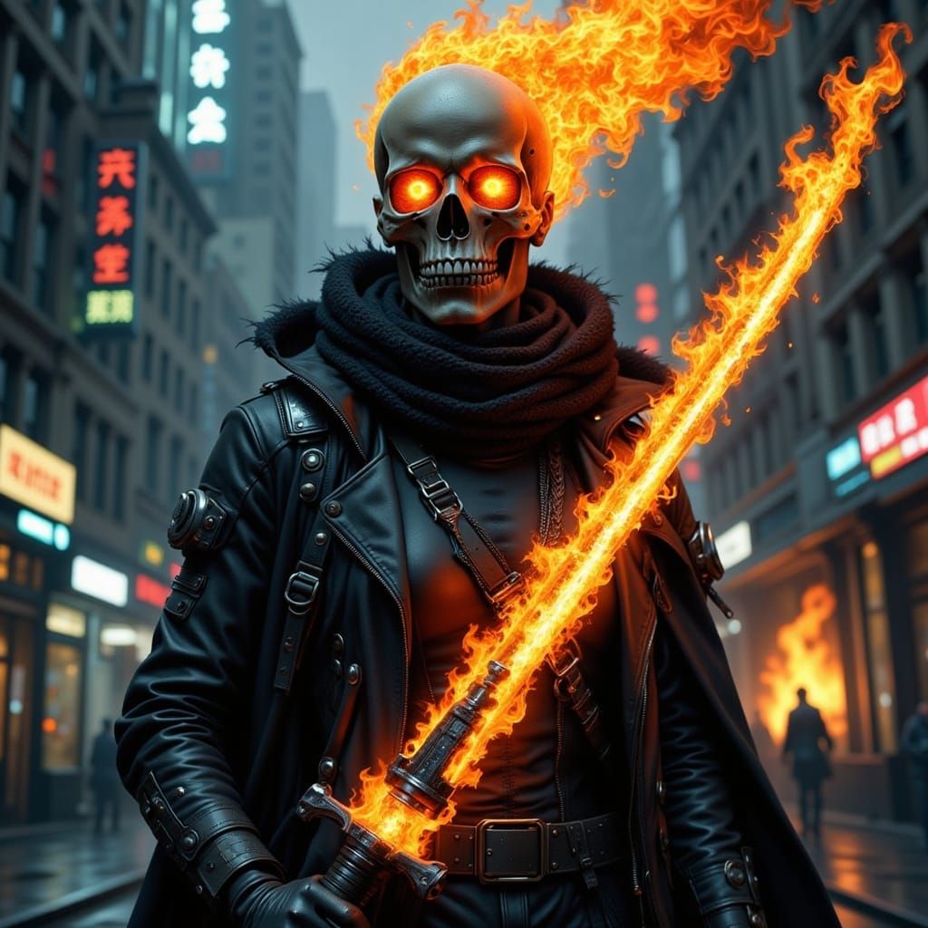Flaming Skull Soldier in Sci-Fi City
