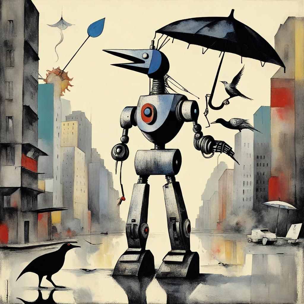 Godzilla-Headed Robot with Bird: Kandinsky and Tanguy Styles
