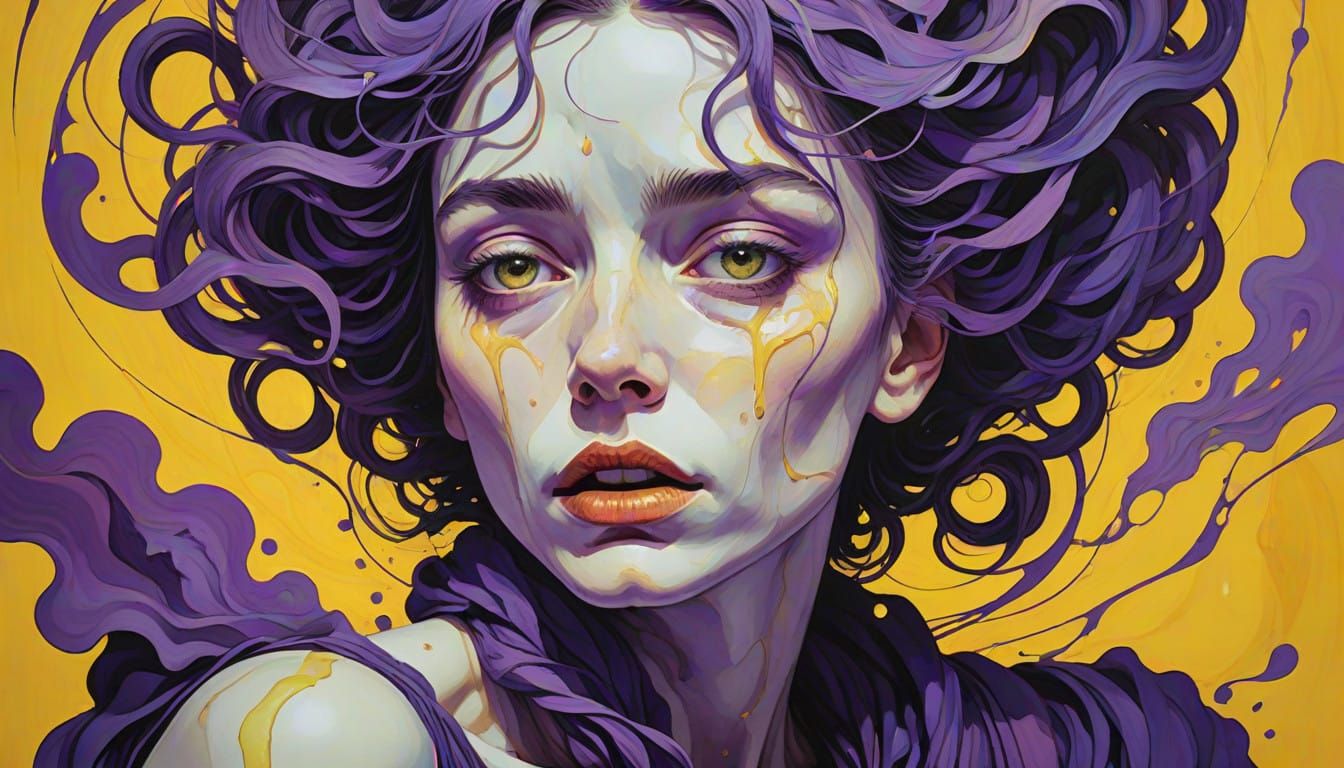 Ethereal Portrait in Yellow and Purple Ink