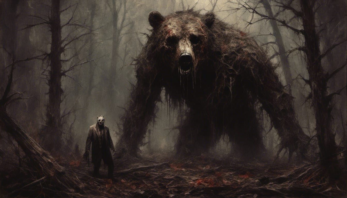 Horrifying Bear-Man Creature in Dark Woods