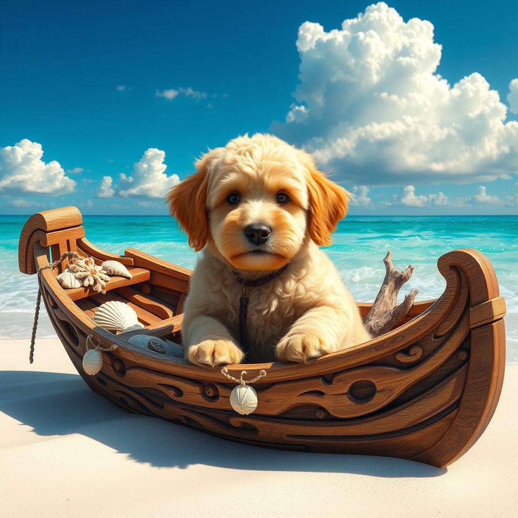 Golden Doodle Puppy's Beach Adventure: Fantasy Art