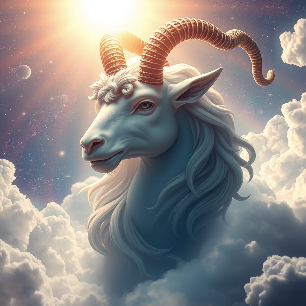 Mythical Capricorn Portrait Amidst Cosmic Clouds and Galaxie...