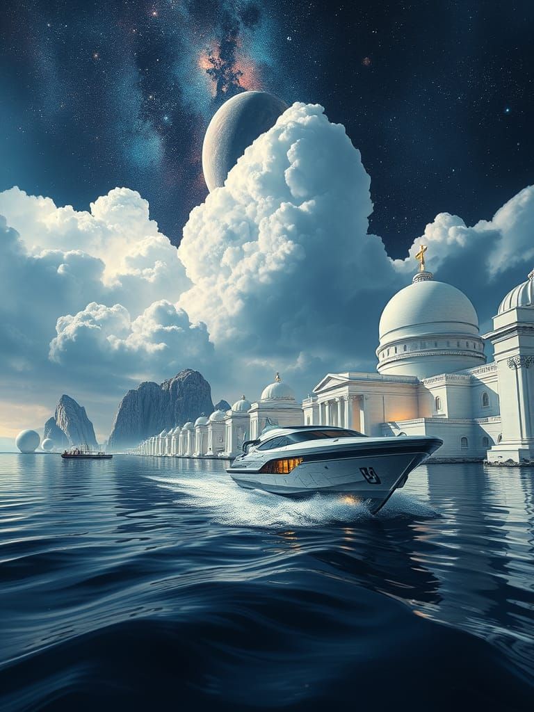 Surreal Futuristic Time-Ship Approaches Marble City Harbor a...