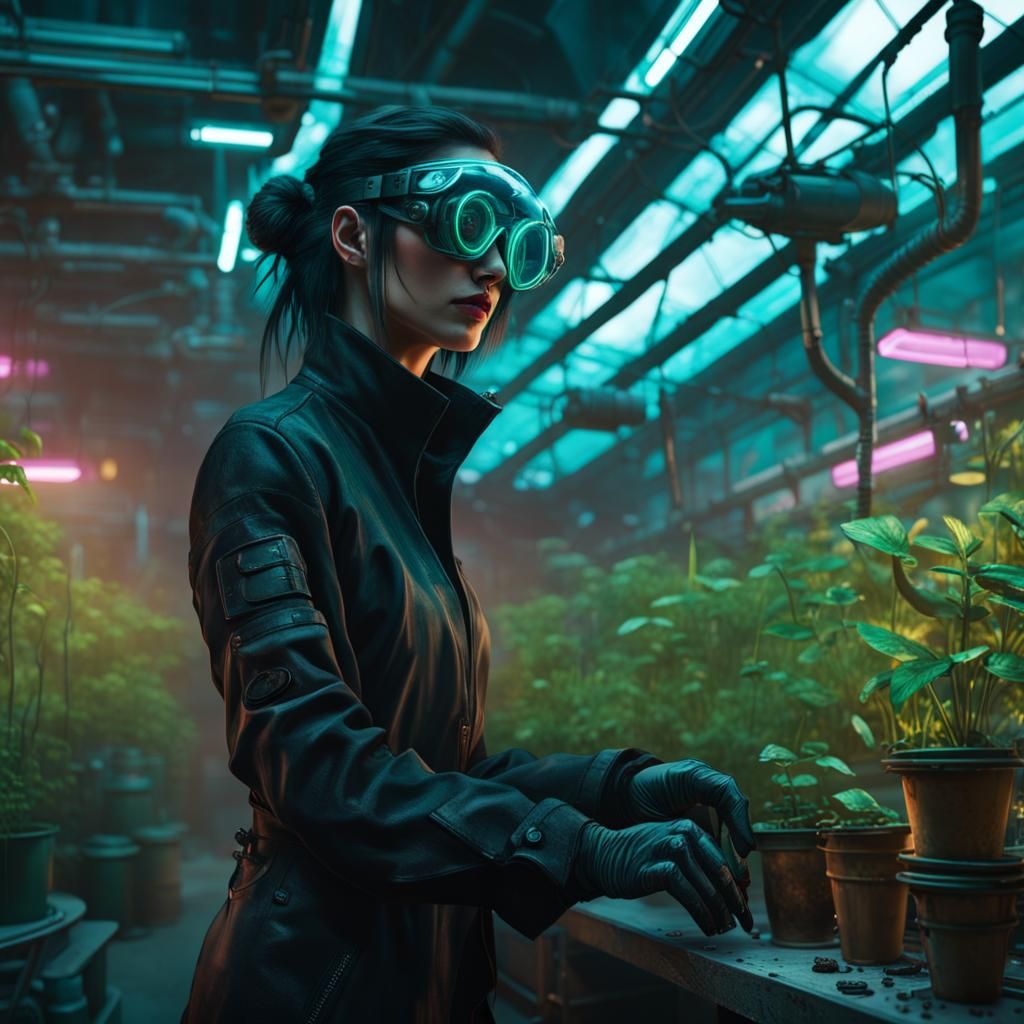 Cyberpunk Witch in a Greenhouse Apothecary